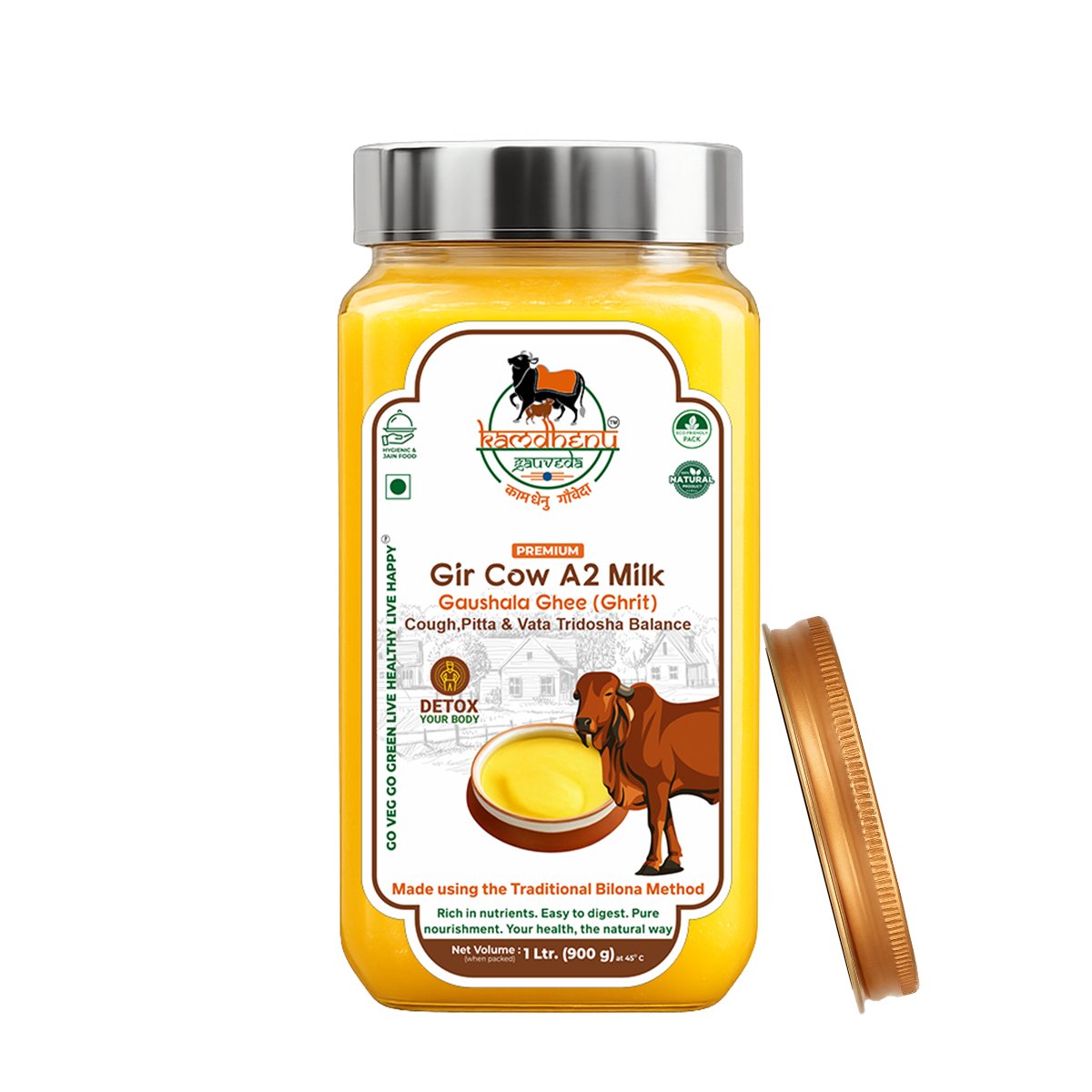 Gir-Cow-A2-Milk-Gaushala-front A2 Gaushala Gir Cow Ghee – Pure Bilona Desi Ghee 1kg - Image 1